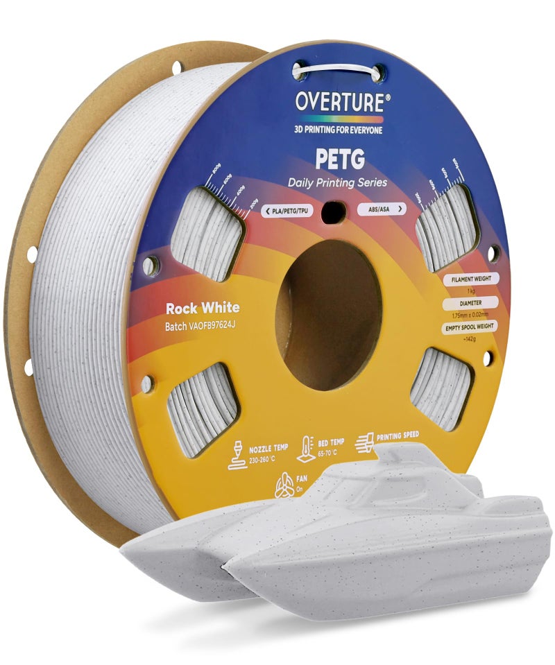 OVERTURE Rock PETG 3D Printer Filament 1.75mm, Neatly Wound Durable PETG 1kg Spool (2.2lbs), Strong Toughness Filament, Dimensional Accuracy +/- 0.02mm, Fit Most FDM Printers (Rock White) - Image 1